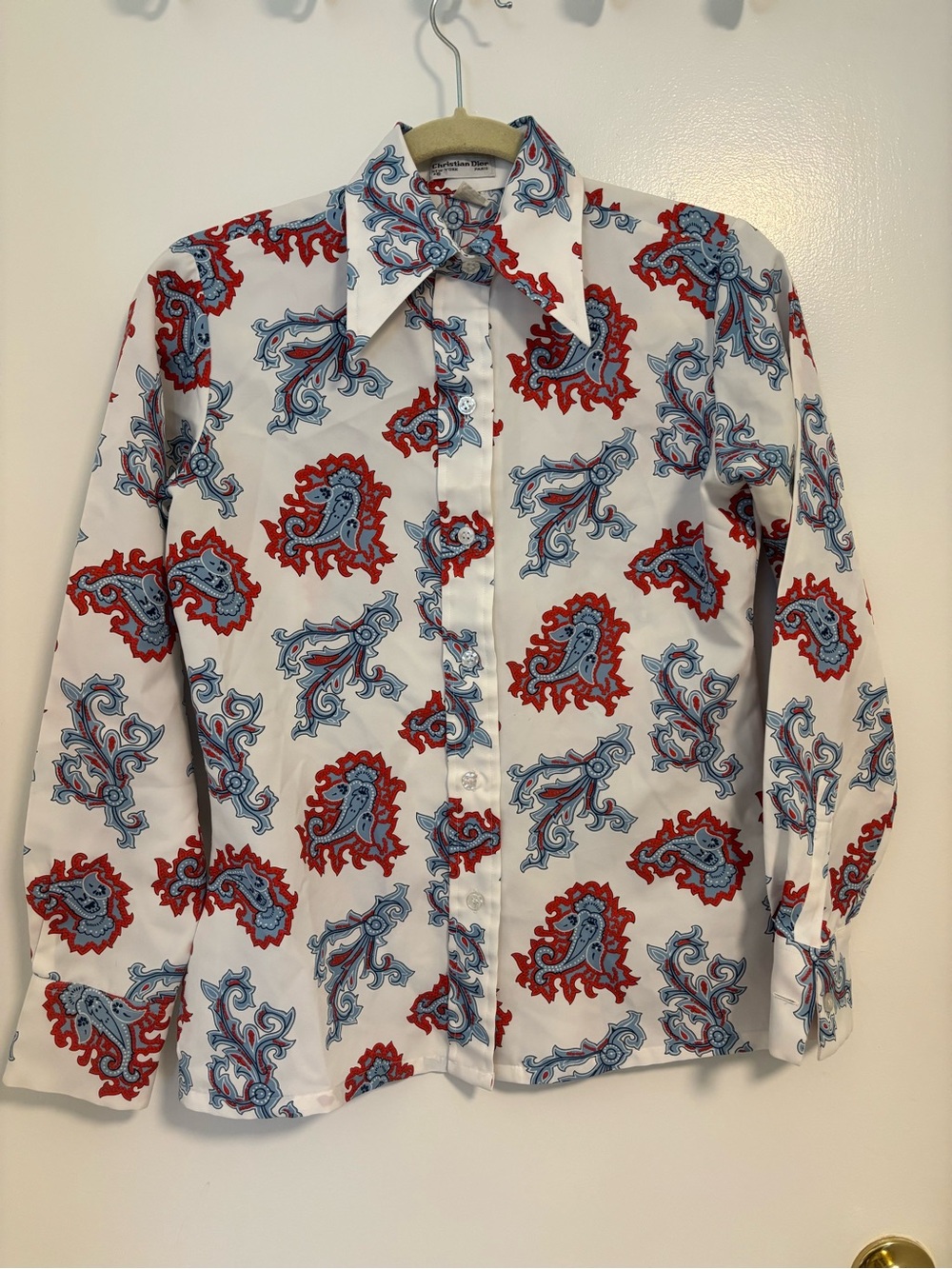 Vintage Christian Dior  White Button-Down Shirt with Red & Blue Paisley Print